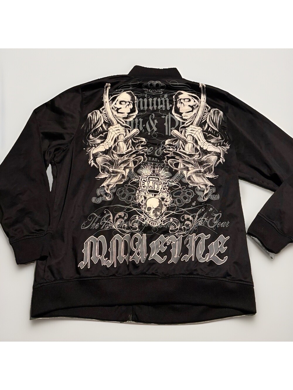 MMA Elite Track Jacket Men L Large Black Full Zip Skull Grim Reaper Graphic Y2K